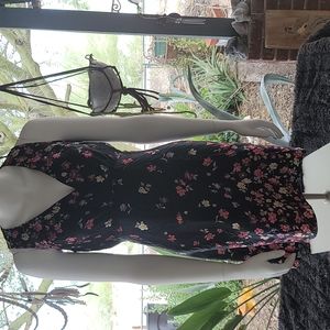 A-Line, V-Neck, Tie Back Black Satin Summer Dress w/Flowers